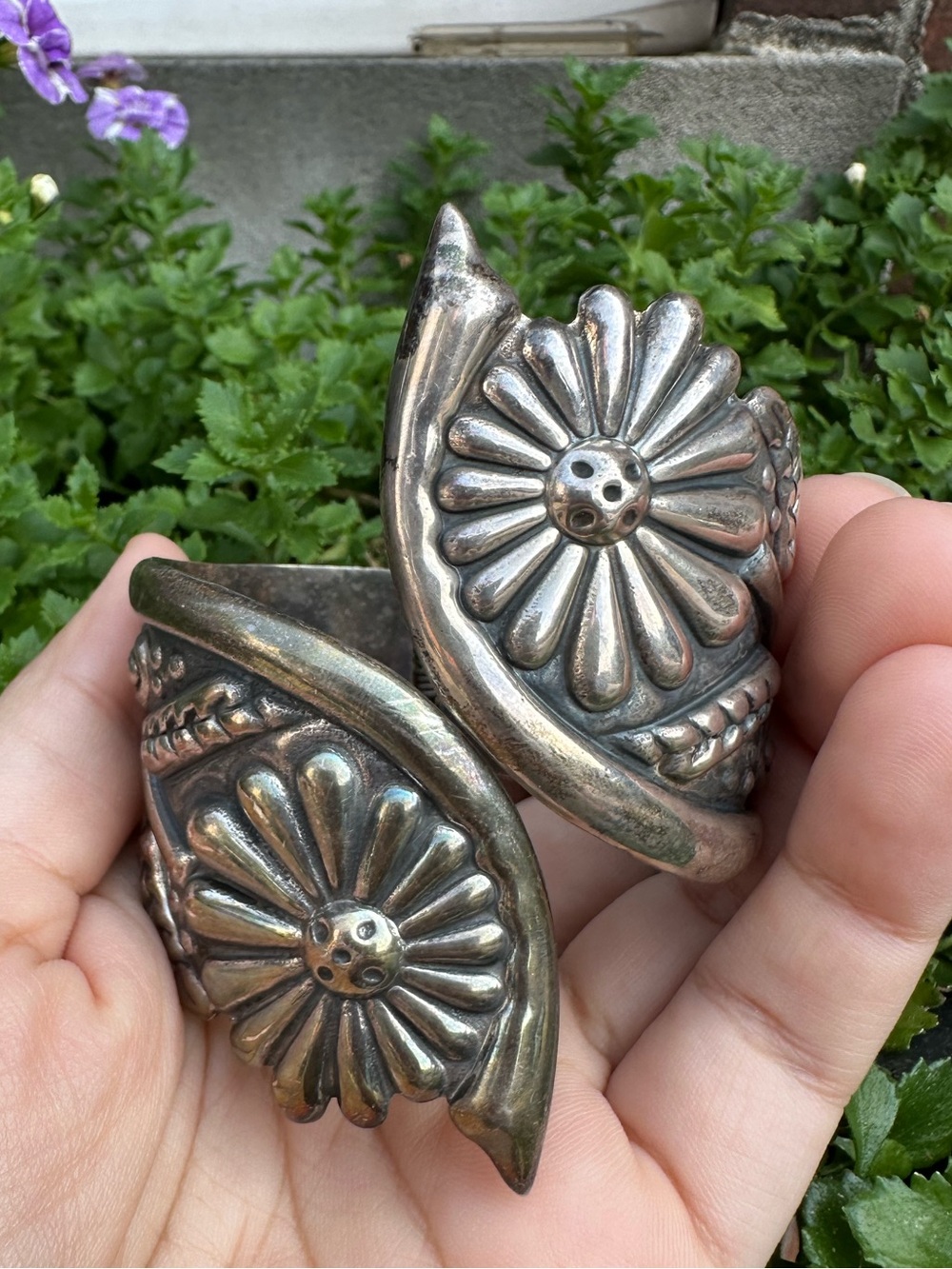 Vintage Mexico Sterling Silver 925 Flower Clamper Hinge, Cuff Bracelet, Taxco